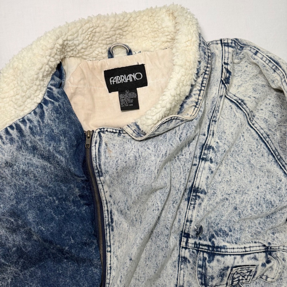 Vintage 80s Fabriano Acid Wash Denim Sherpa Bomber Jacket Womens L Cropped 90s - Picture 3 of 8
